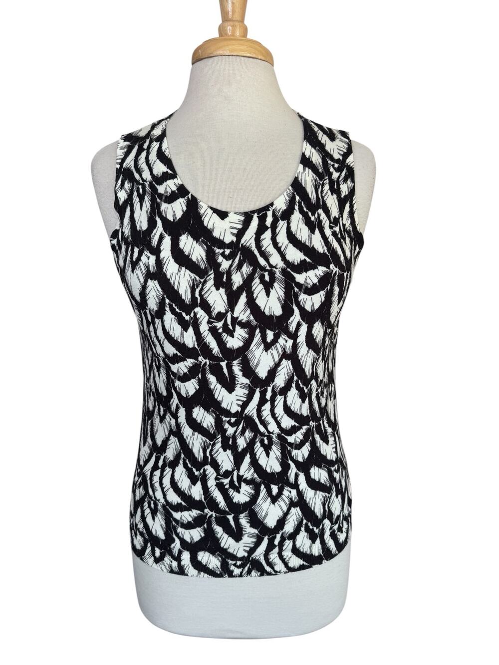 TALBOTS *NEW* Leaf Print Knit Cotton Blend Sleeveless Top Sz Medium Black Cream